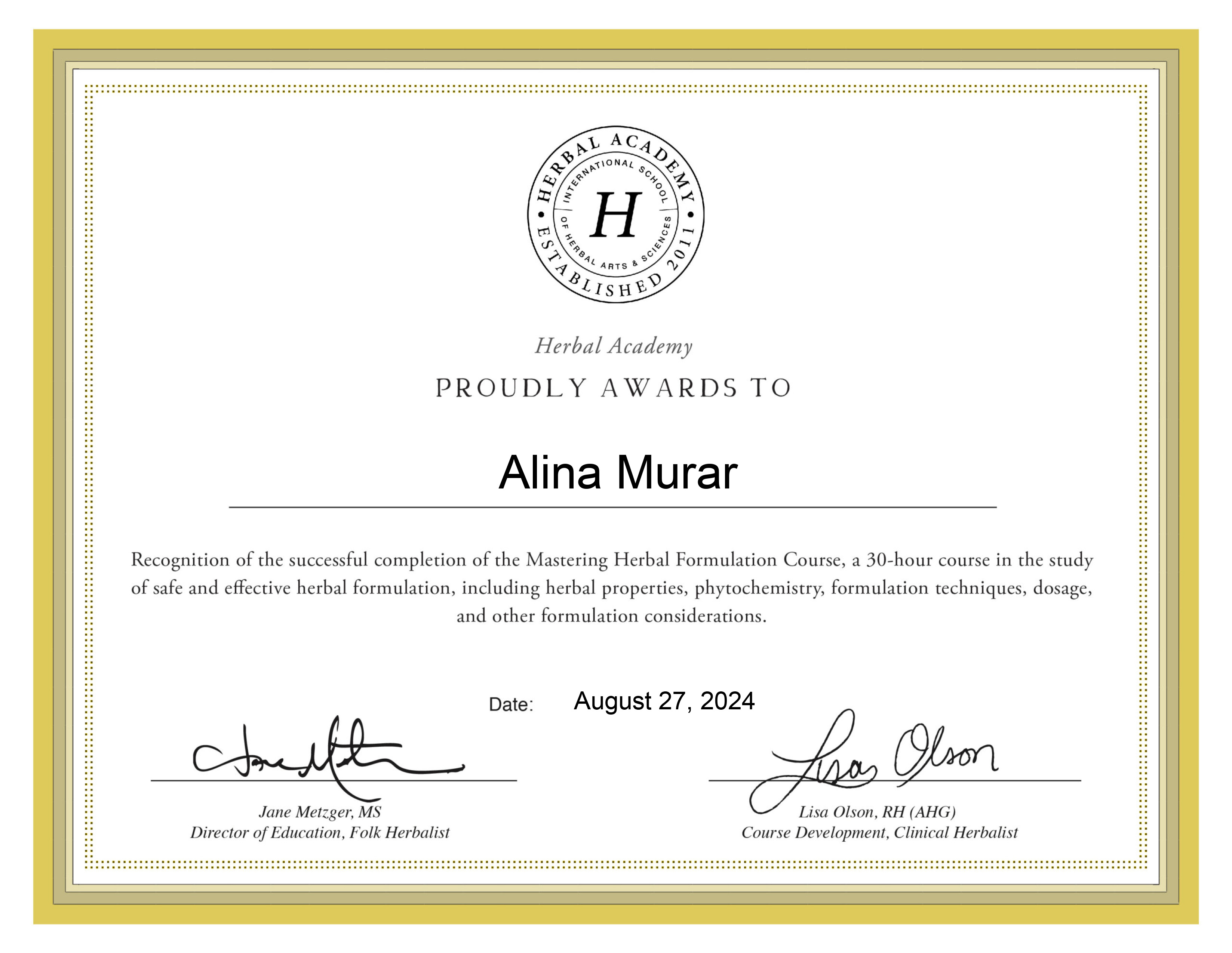 Mastering Herbal Formulation certificate